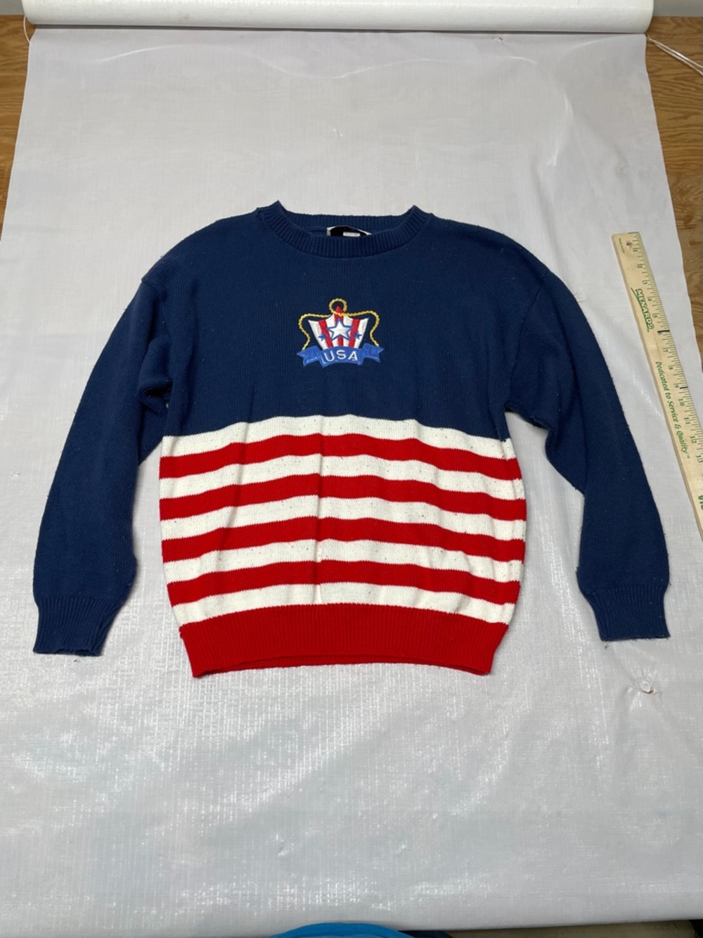 USA Crest Navy Crewneck Sweater with Red & White Stripes